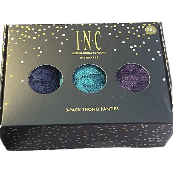 I.N.C XXL Teal-Grape-Purple Lace Elastic Waist Scallop Detail Thong Panties 3Pk - Picture 3 of 4